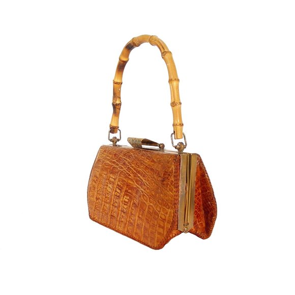 VINTAGE ALLIGATOR 40's 50's Bamboo Handle Kisslock Hardframe Mini Bag - Picture 4 of 12